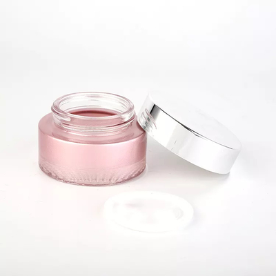 Pink color painting glass cosmetic jar 50g with silver screw up cap for skin care cream