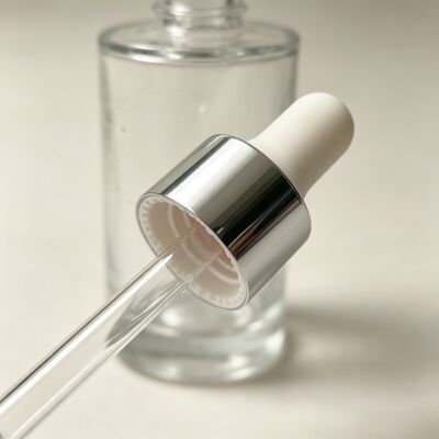 50ml Thick Base Glass Dropper Bottle, Silver Collar & White Nipple, Empty Bottle for Serum Essential Oil Cosmetic Pack