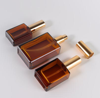Amber Square Glass Perfume Spray Bottle, 30ml&50ml&100ml, Empty Bottle with Gold Sprayer, Custom Wholesale Fragrance Packaging