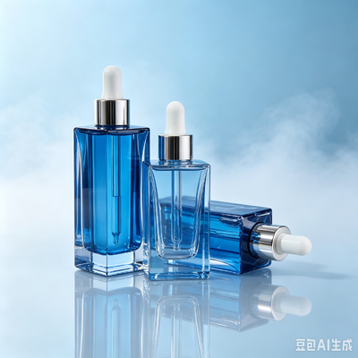 Blue Transparent Glass Dropper Bottle, Thick Base Square Cosmetic Serum Oil Packaging Bottle with White Rubber Dropper
