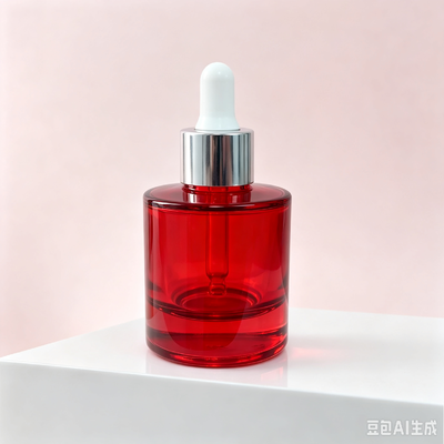 Red Transparent Glass Dropper Bottle, Thick Base Cosmetic Serum Oil Packaging Bottle with White Rubber Dropper