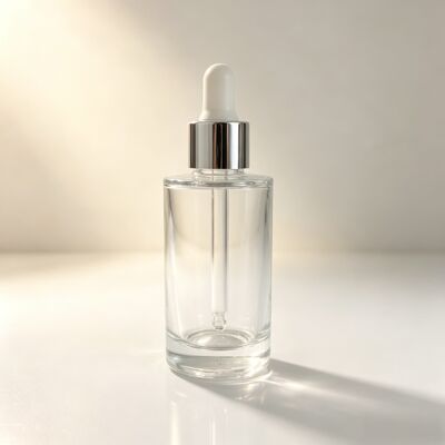 50ml Thick Base Glass Dropper Bottle, Silver Collar & White Nipple, Empty Bottle for Serum Essential Oil Cosmetic Pack