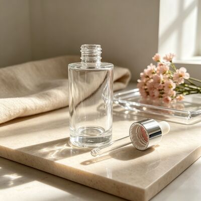 50ml Thick Base Glass Dropper Bottle, Silver Collar & White Nipple, Empty Bottle for Serum Essential Oil Cosmetic Pack