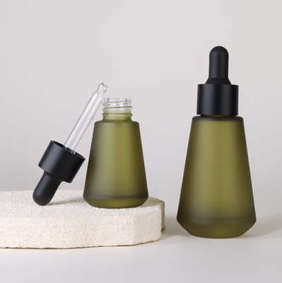 Factory Wholesale 15ml 30ml Matte Olive Green Tapered Glass Dropper Bottle for Essential Oil Serum Cosmetic Packaging