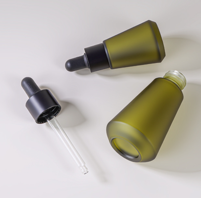 Factory Wholesale 15ml 30ml Matte Olive Green Tapered Glass Dropper Bottle for Essential Oil Serum Cosmetic Packaging